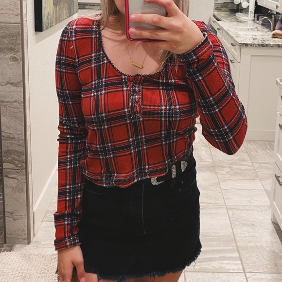 Free people red plaid long sleeve crop top - Picture 5 of 10